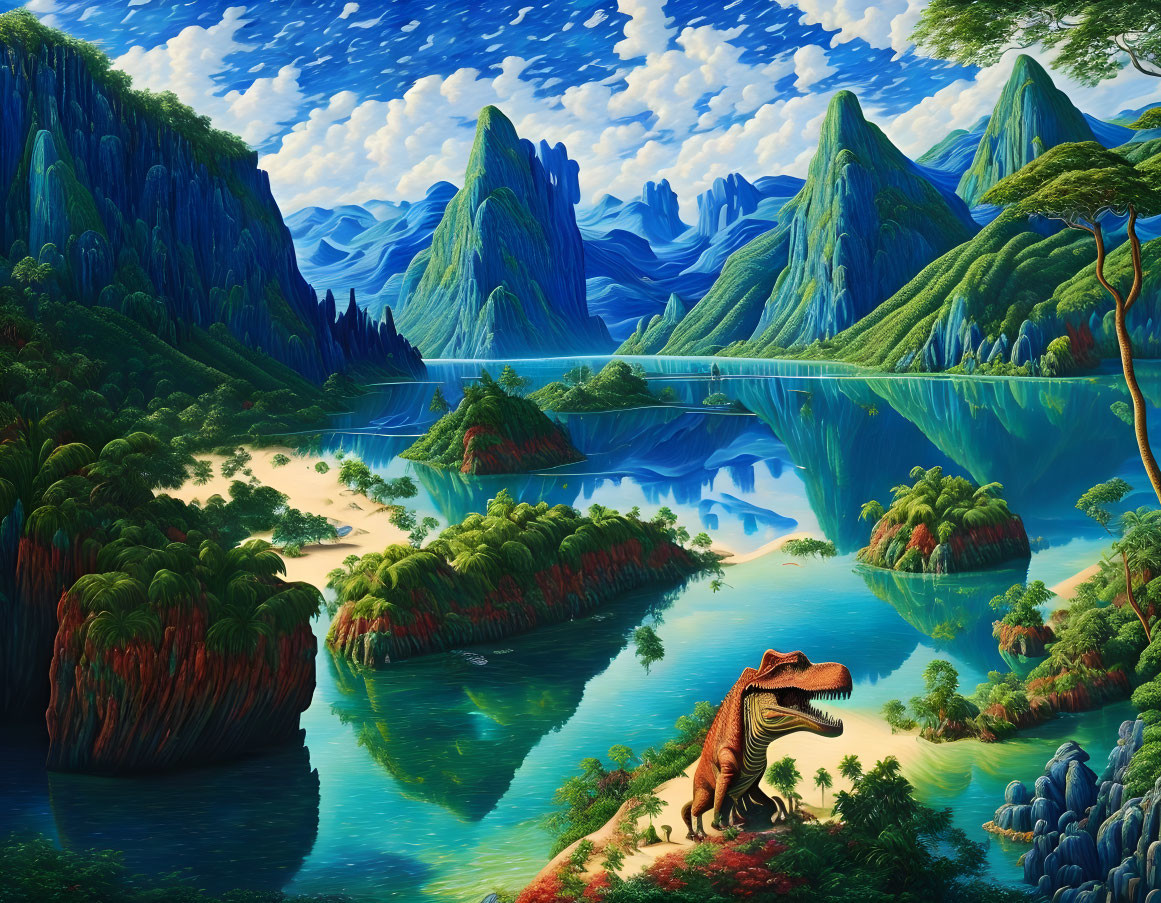 Vibrant surreal landscape with dinosaur, hills, water, and clouds