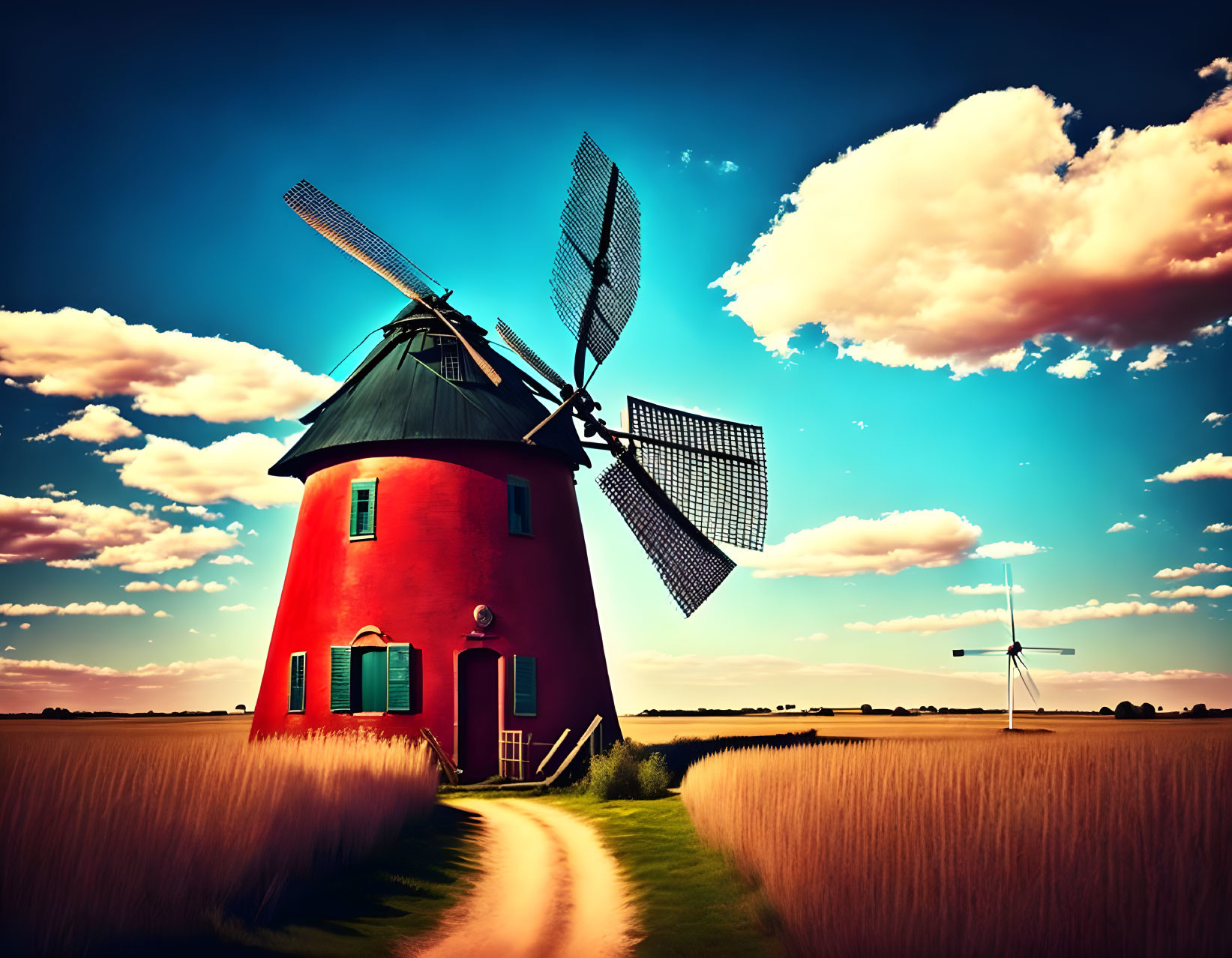 Red windmill with large sails in golden field under blue sky