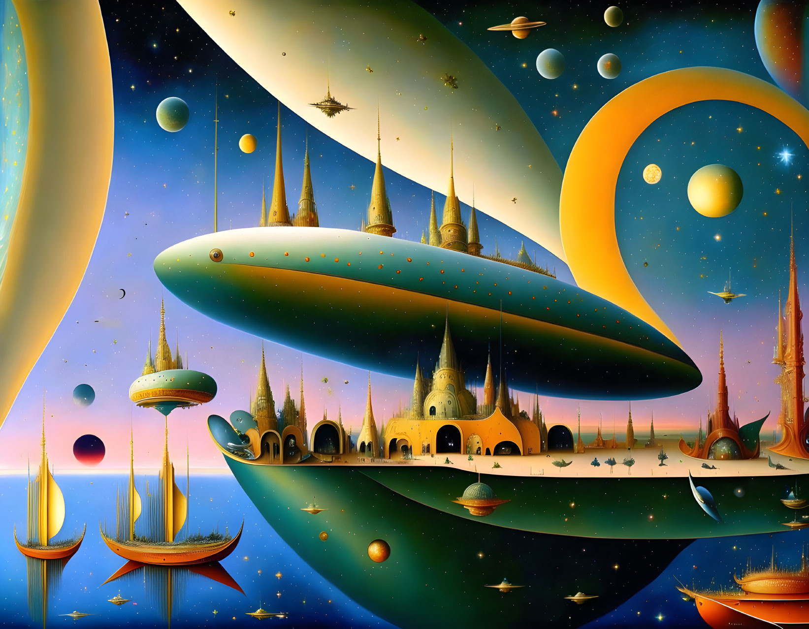 Surreal sci-fi landscape with floating cities and spaceships