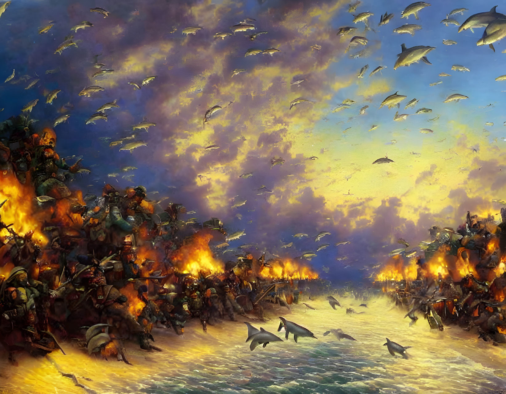 Chaotic battle at sea with ships on fire and soaring birds