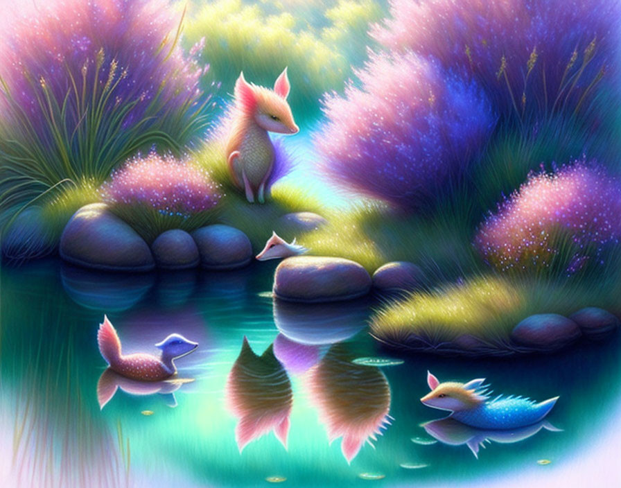 Colorful Illustration of Fox and Ducks in Vibrant Landscape