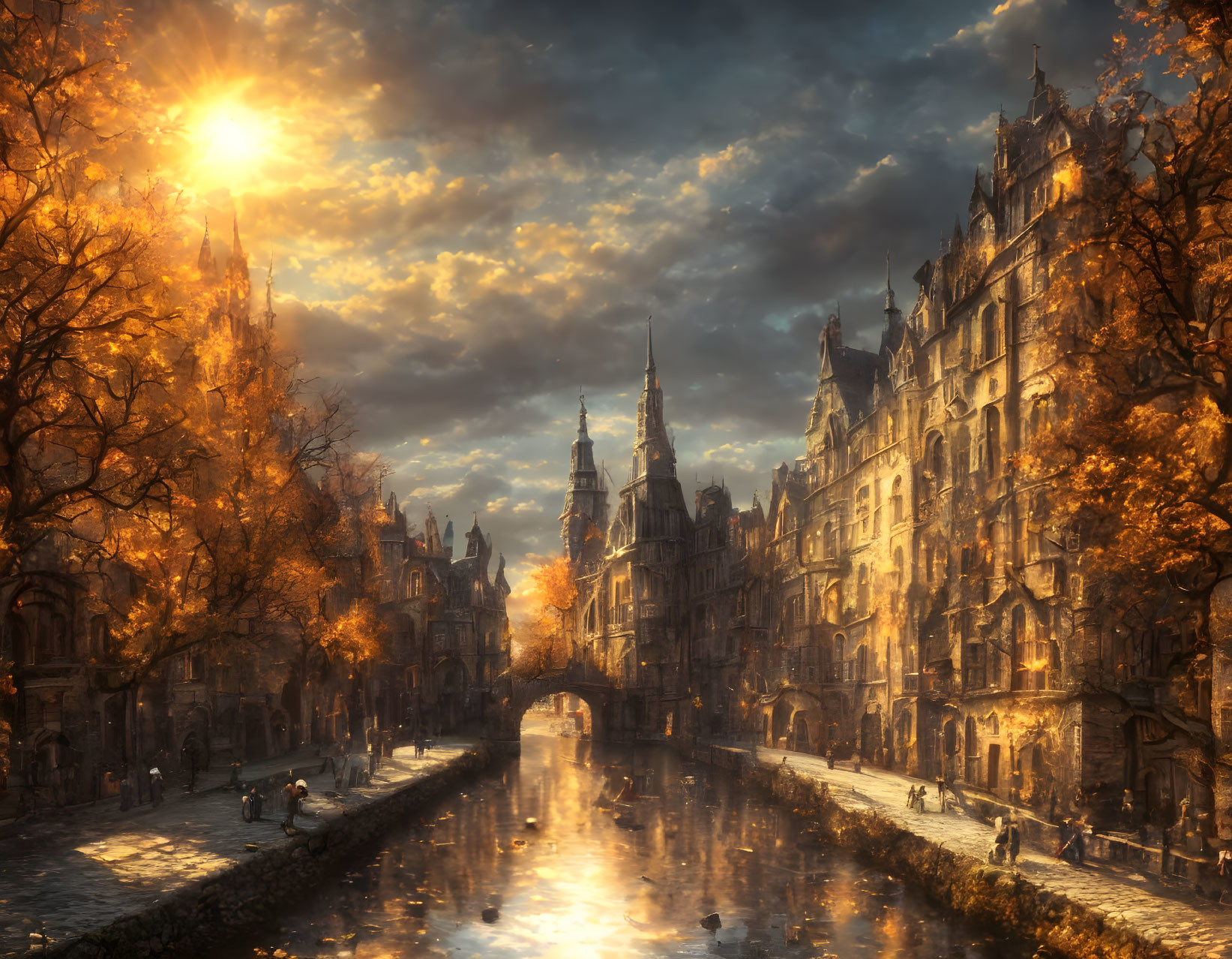 Historic city canal in golden autumn light