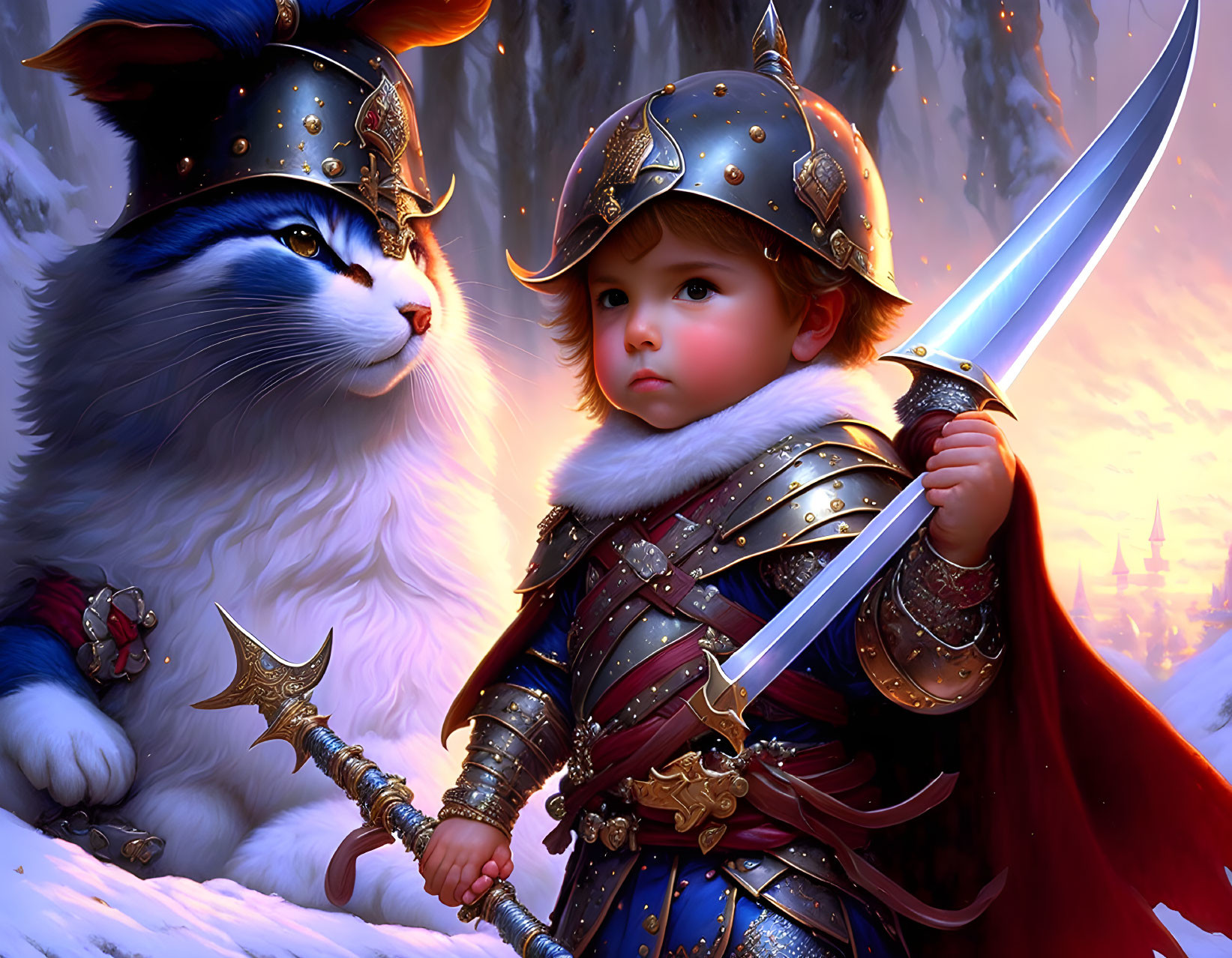Child in medieval knight armor with cat in matching helmet in snowy forest