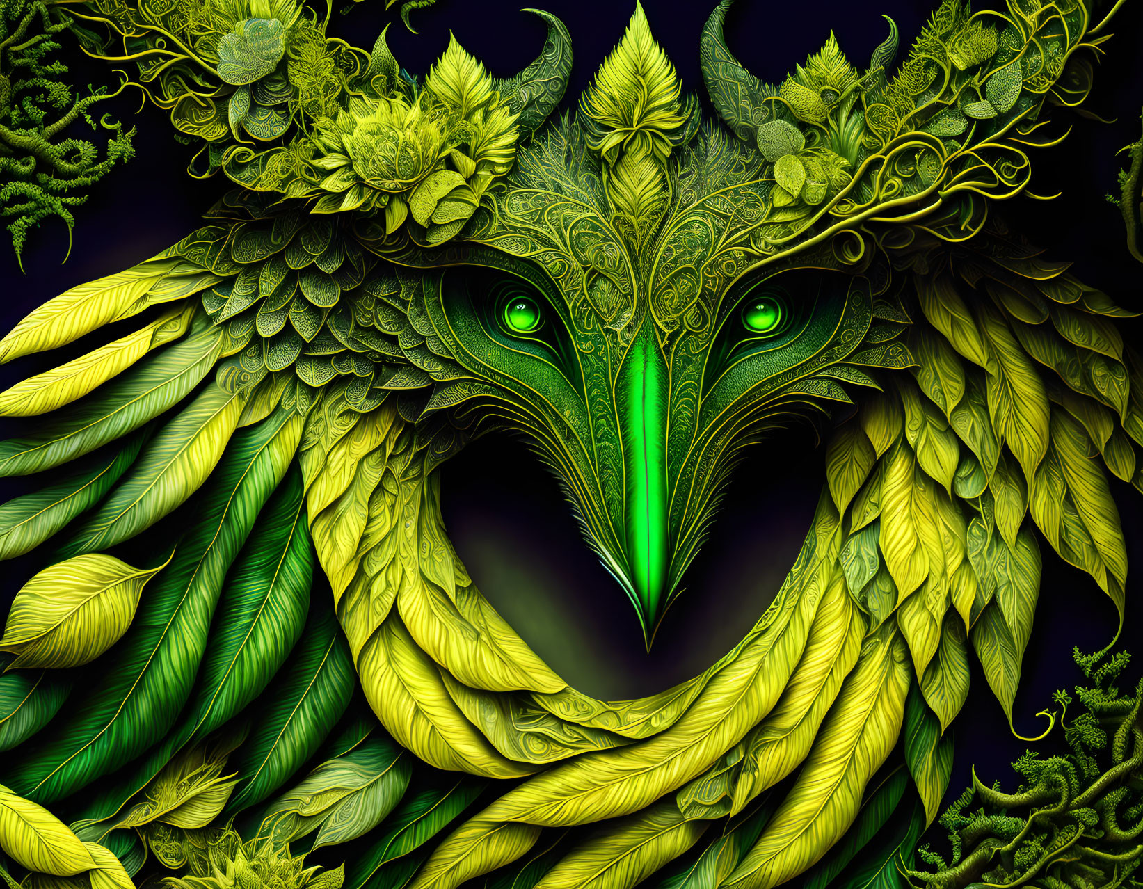 Detailed illustration of mystical bird-like creature with green plumage and ornate leafy designs