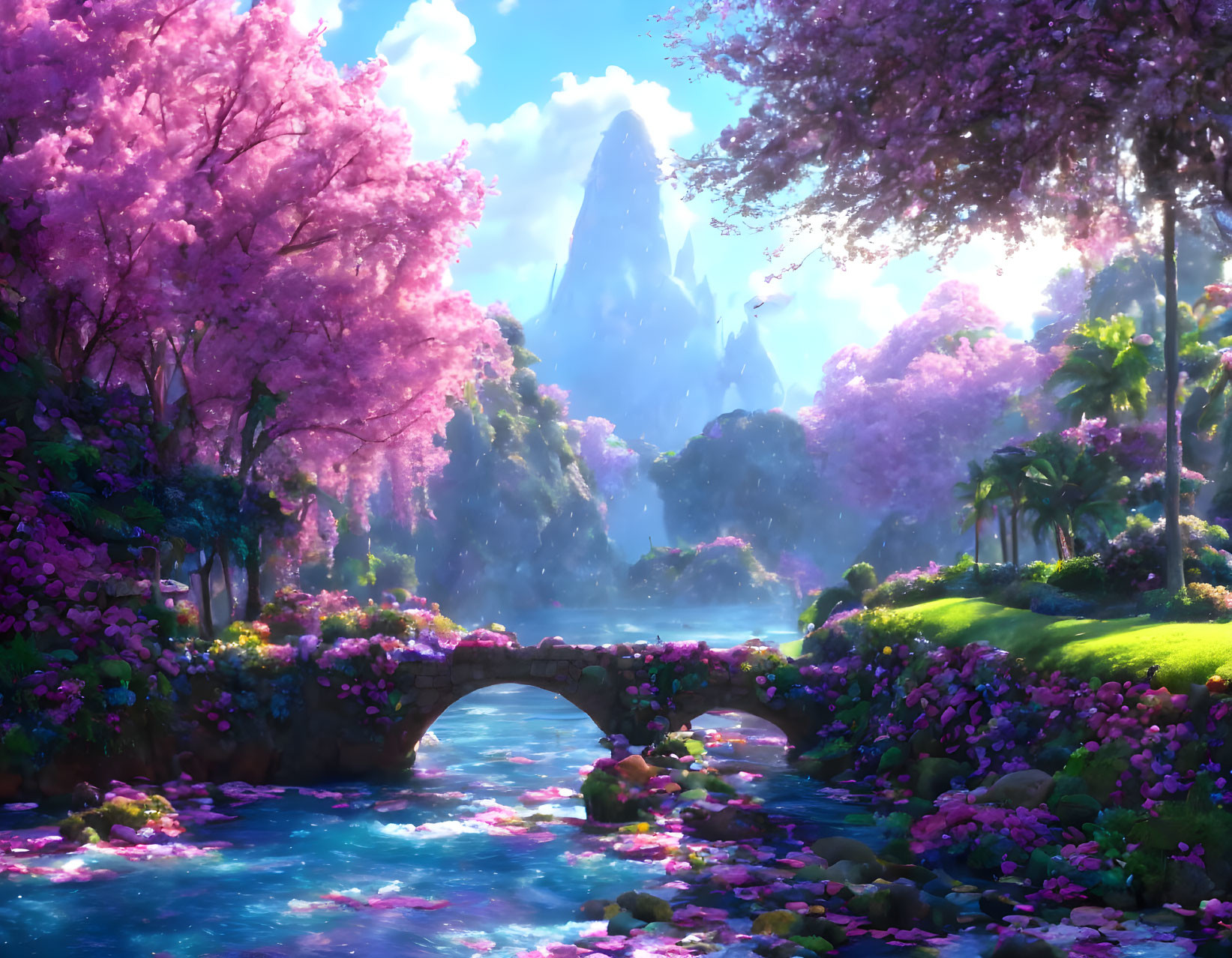 Serene fantasy landscape with pink cherry blossoms, river, bridge, mountain