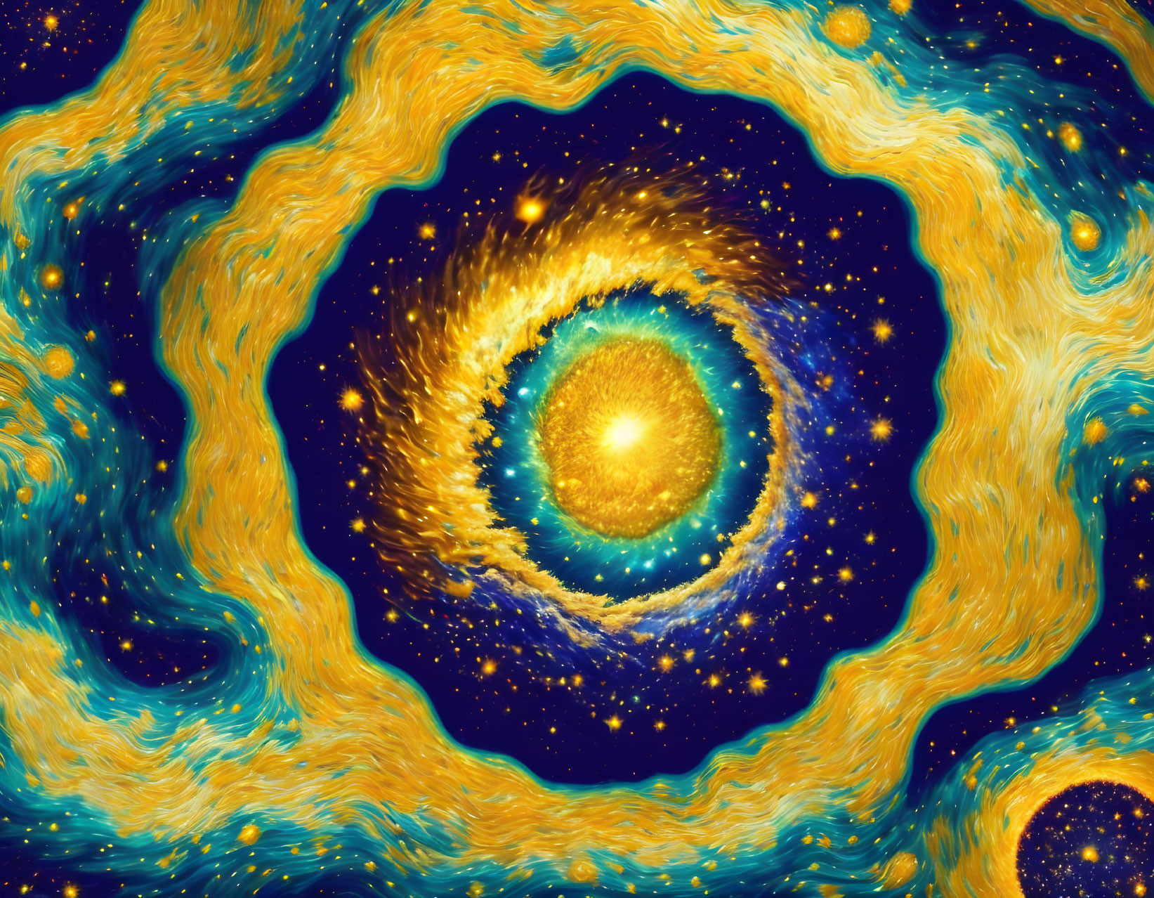 Blue and Gold Swirling Cosmic Patterns: Celestial-themed Art Piece