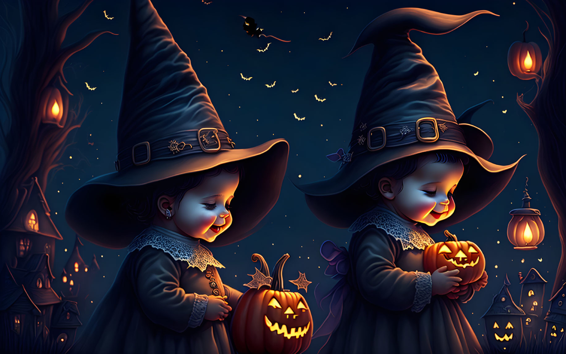 Children in witch costumes with jack-o'-lanterns in Halloween night scene.