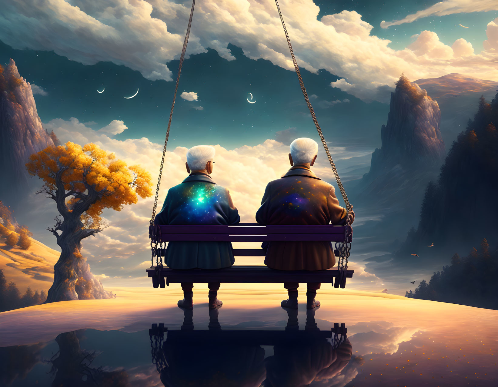 Elderly couple on swing admiring surreal landscape with water, mountains, tree, and night sky