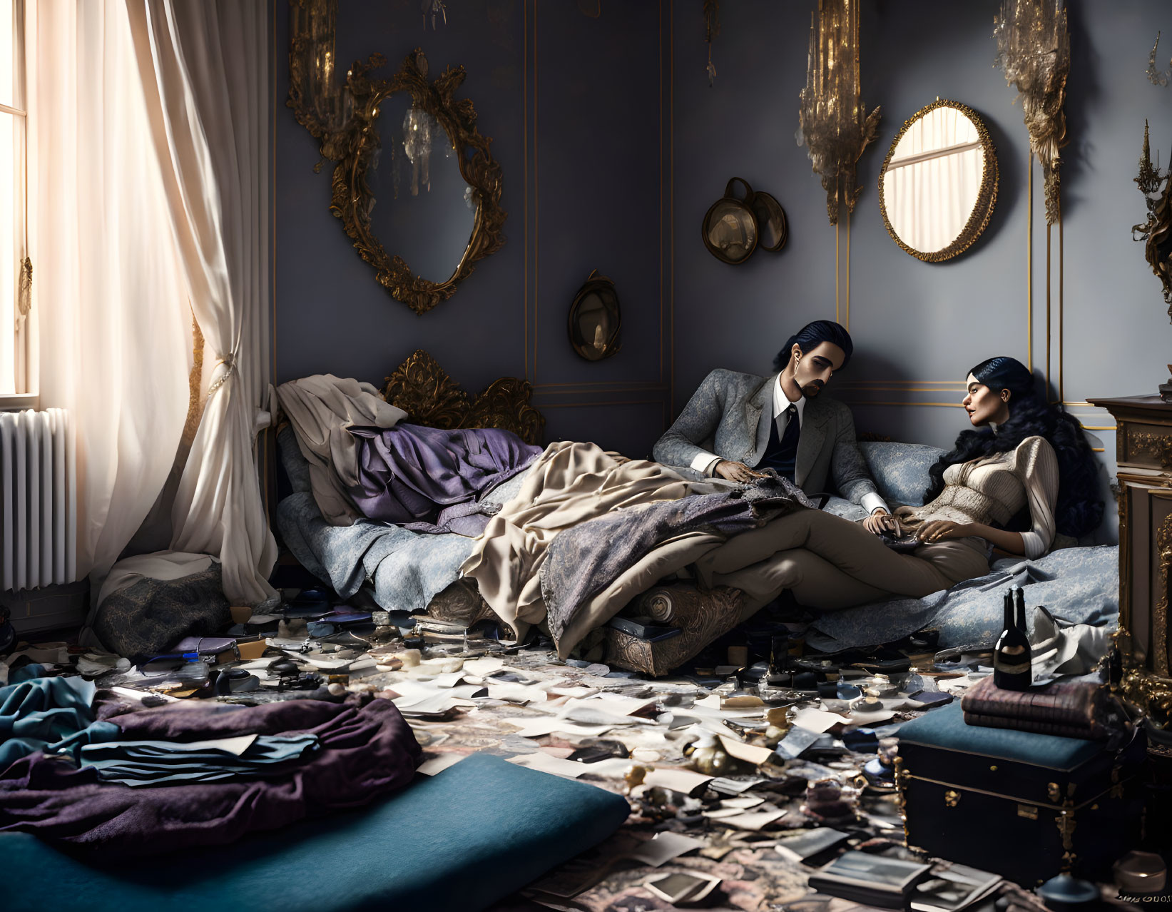 Two people in a cluttered, elegant room with scattered photos and books.