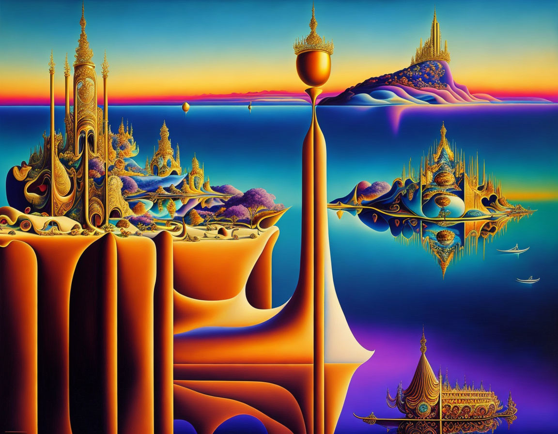 Surreal landscape with golden spires and water reflections