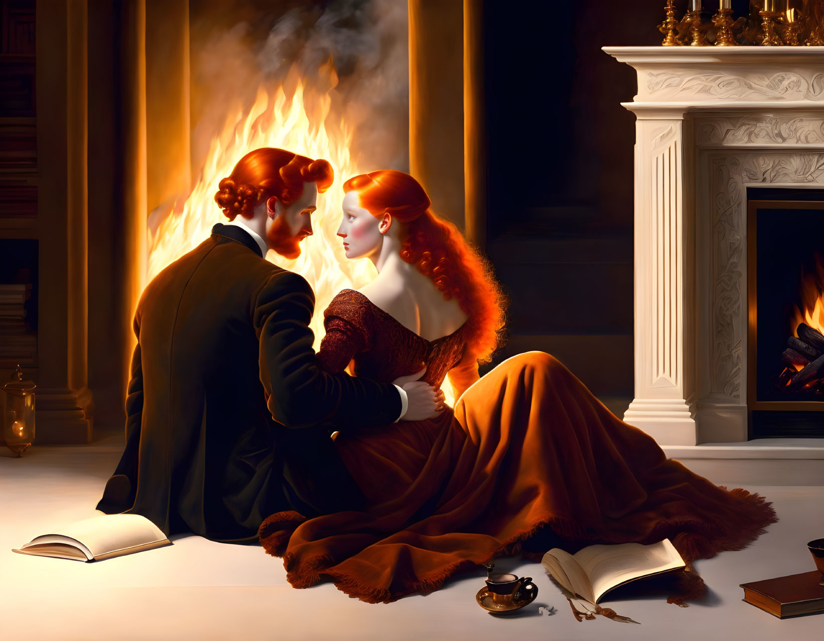 Intimate embrace by fireplace in romantic setting