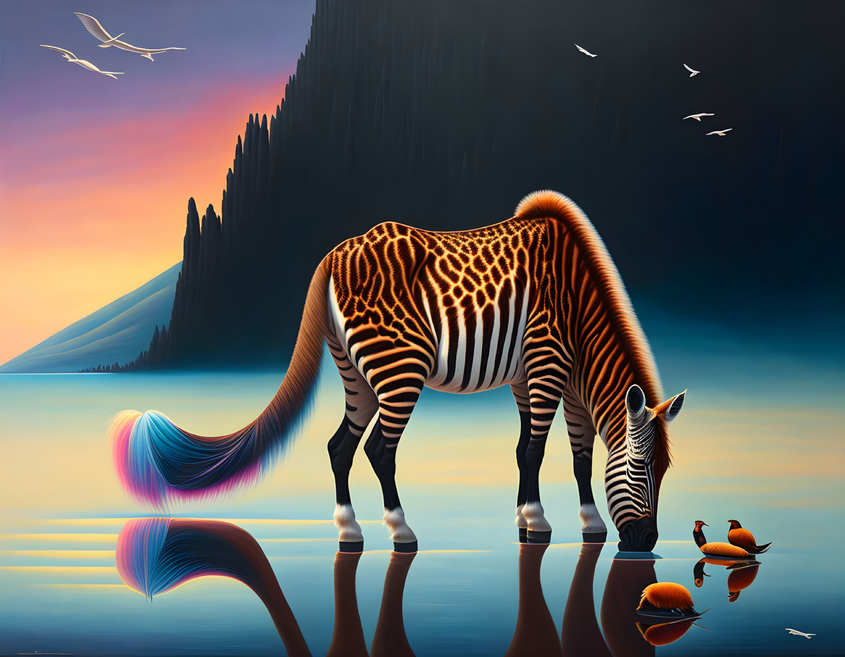 Hybrid creature with zebra and giraffe patterns by water at sunset with ducks and flying birds