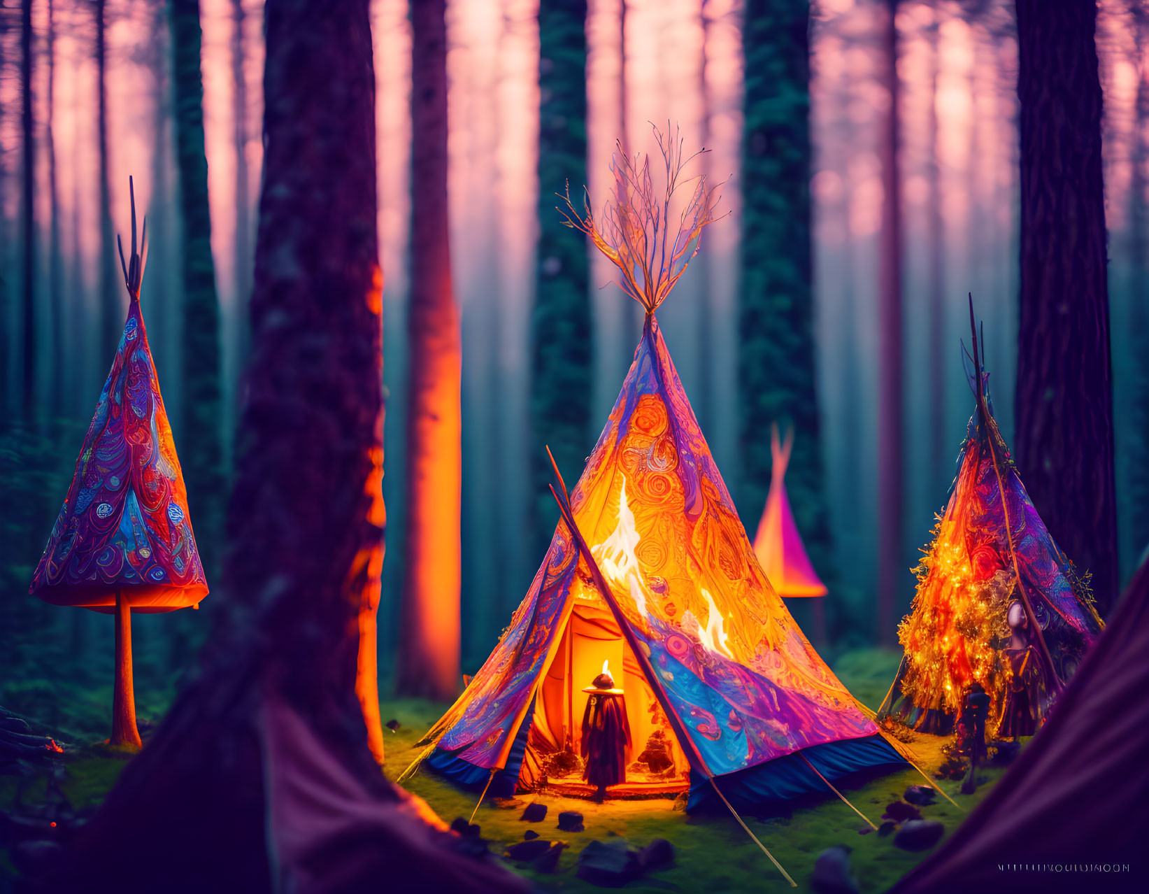 Colorful Teepees Illuminated in Forest Setting