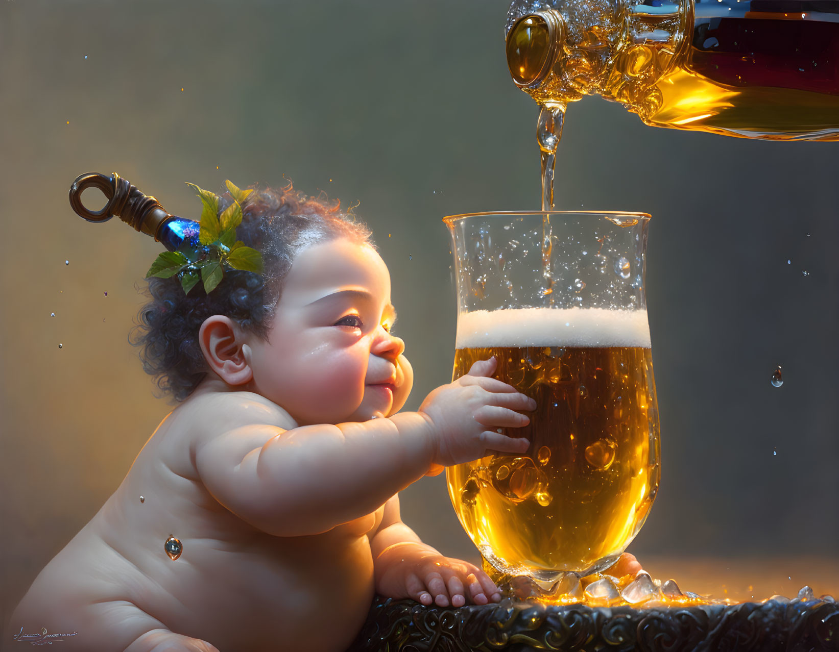 Digital art: Joyful baby with golden liquid in oversized glass