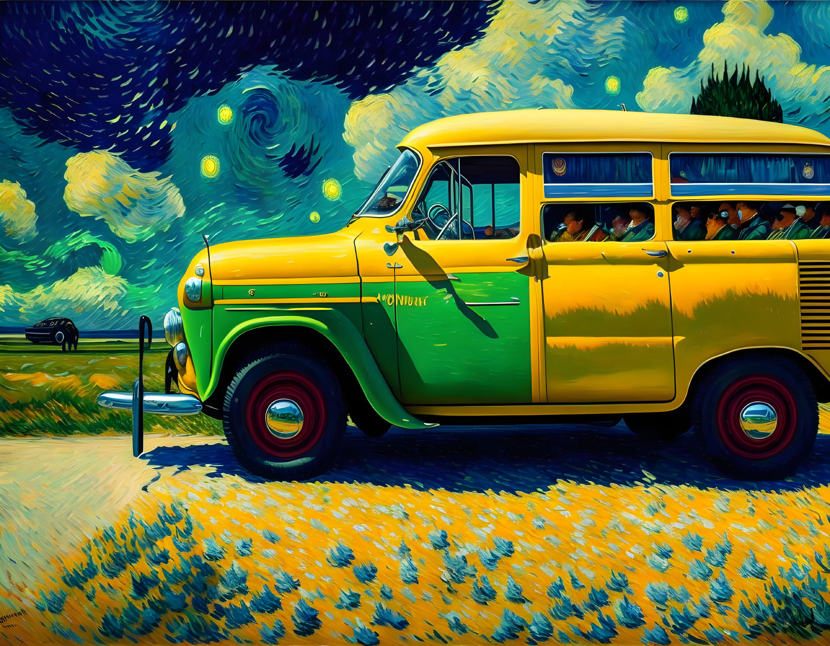 Vintage yellow and green van in starry night sky and wheat field