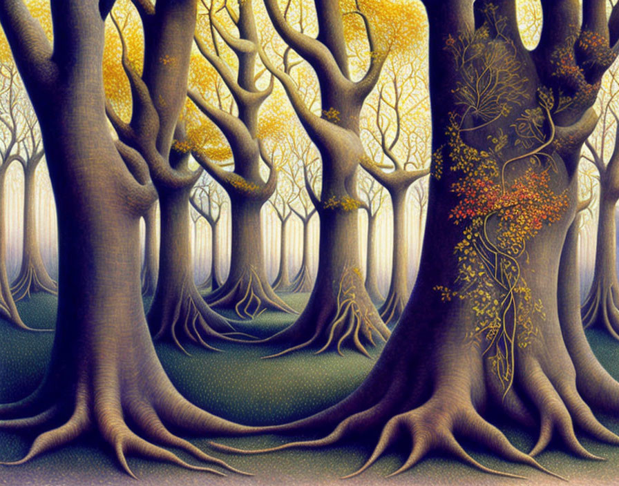 Surreal forest with curving tree trunks and autumn color gradient