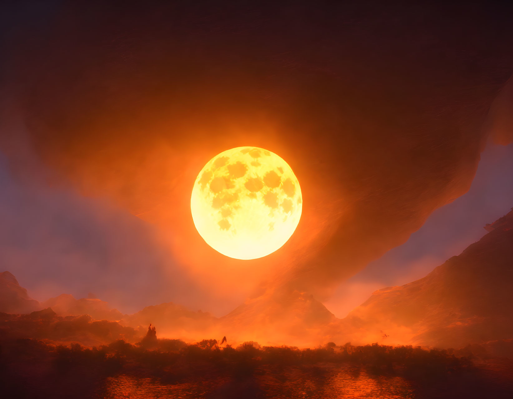 Glowing orange-yellow moon in dramatic red sky over rocky landscape