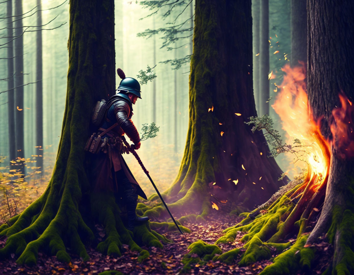 Knight in armor by fire in misty forest with sunlight piercing through trees