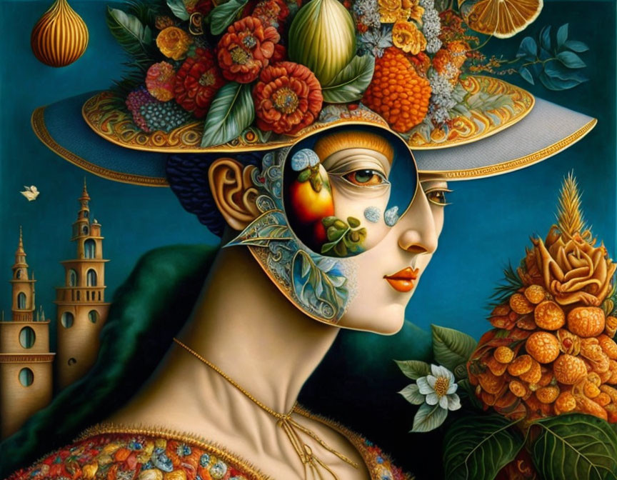 Woman portrait with lavish fruit and flower hat in surreal setting