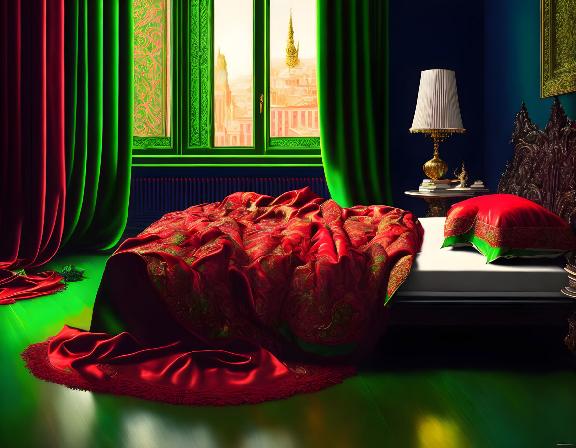 Luxurious Bedroom with Red-Gold Bedspread, Green Curtains, Lamp, Cityscape View