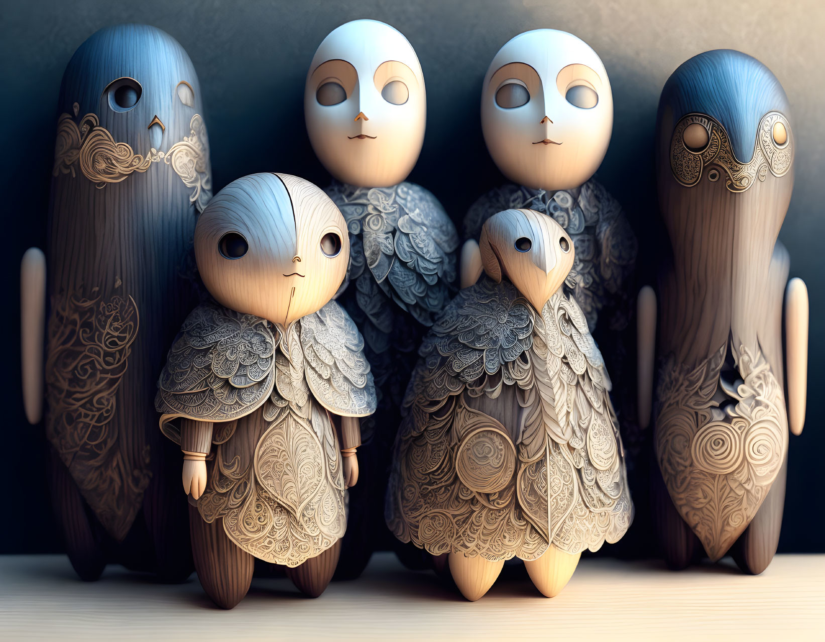 Intricately Carved Wooden Figures with Bird and Human Features on Dark Background