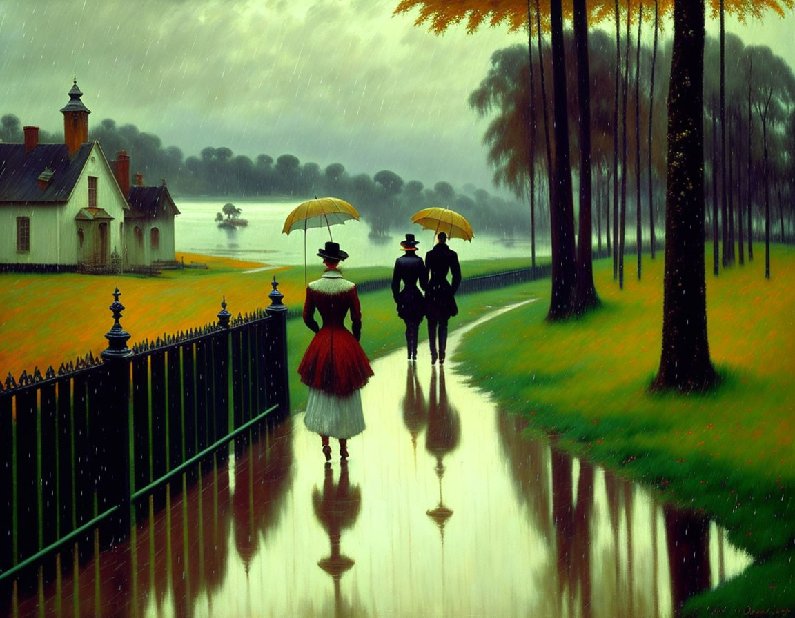 Couple with umbrellas walking on wet path near fence on misty, rainy day