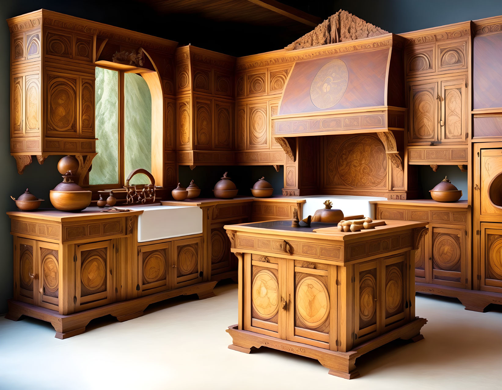 Traditional Wooden Kitchen Interior with Central Island & Clay Utensils