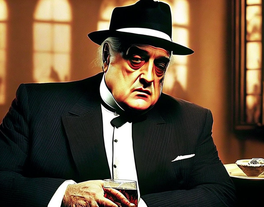 Man in suit with fedora holding drink: classic gangster movie character illustration