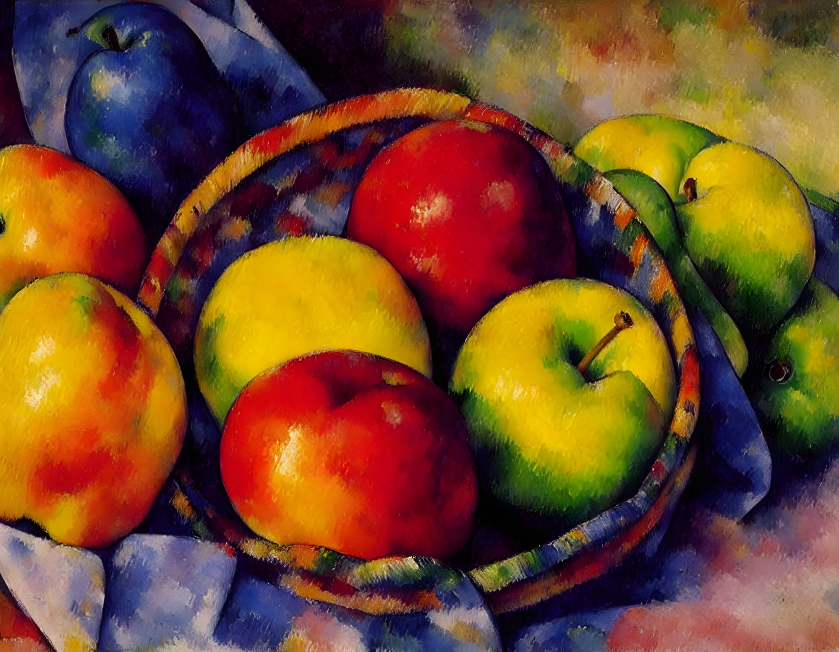 Colorful Fruit Basket Oil Painting on Impressionistic Background