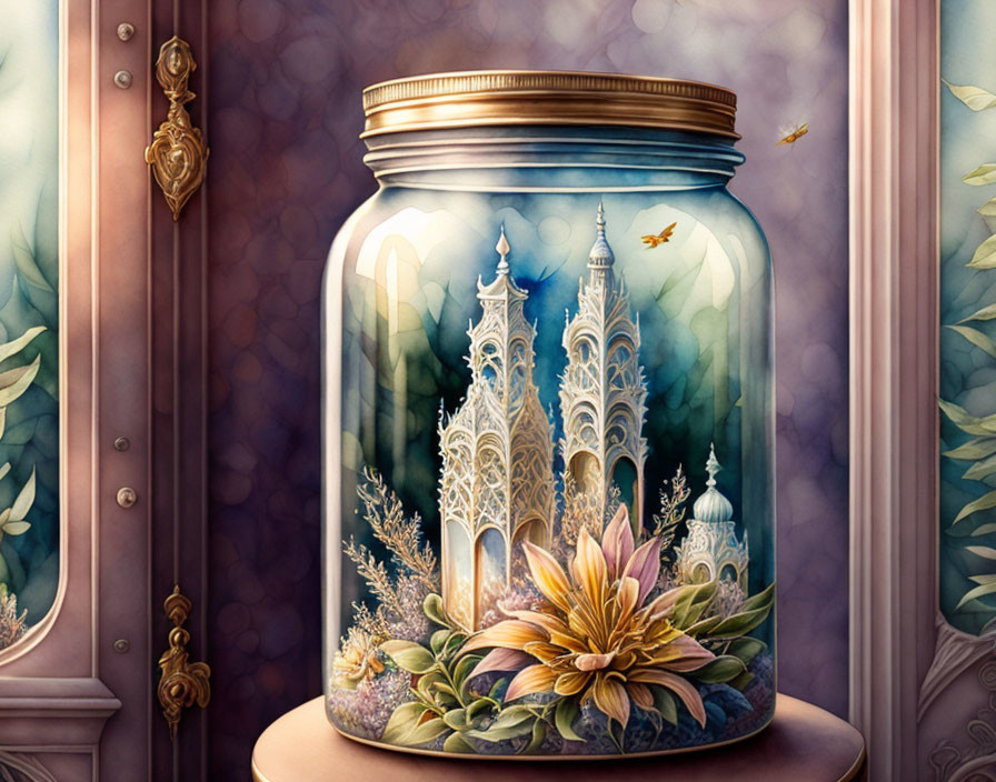 Castle and blooming flowers in glass jar by window curtain.