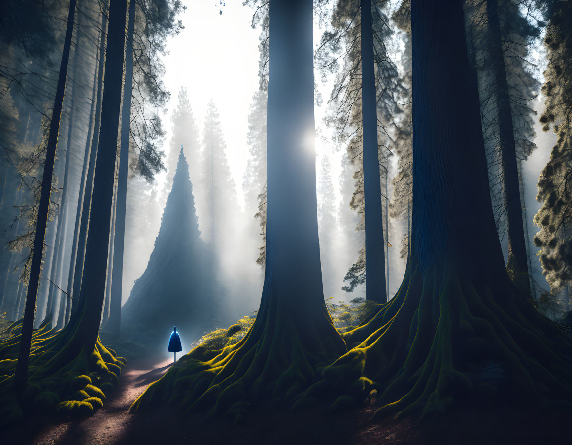 Person standing among towering trees in misty forest sunlight.