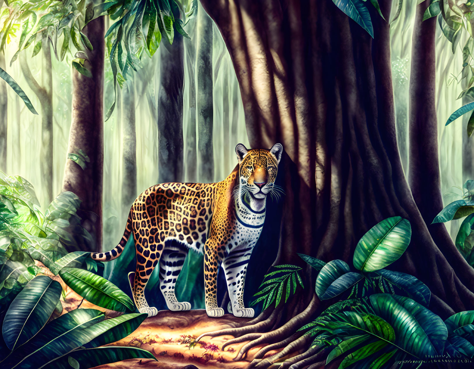 Majestic jaguar in dense forest with dappled sunlight