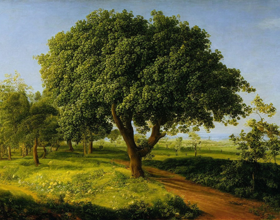 Serene landscape with lush tree, winding path, and soft sunlight