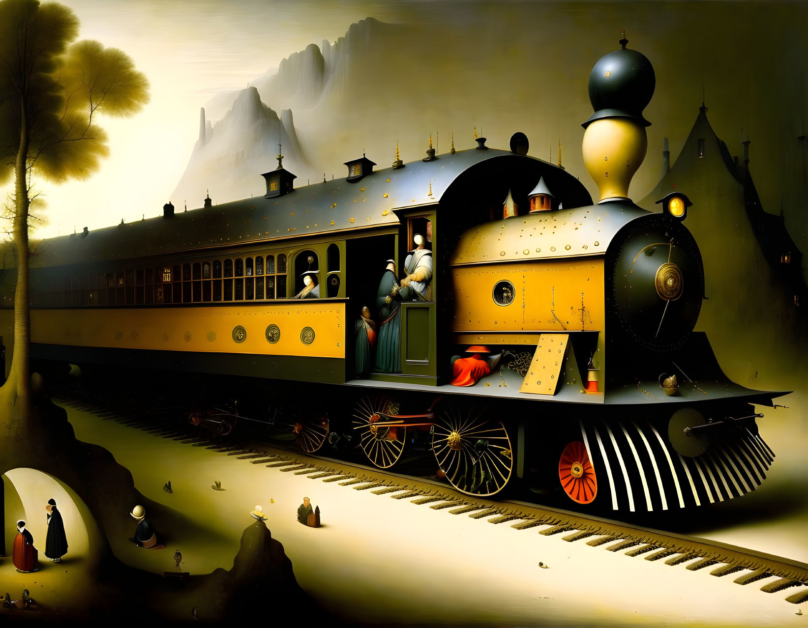 Surrealistic painting: Yellow train, anthropomorphic figures, penguins, mountains