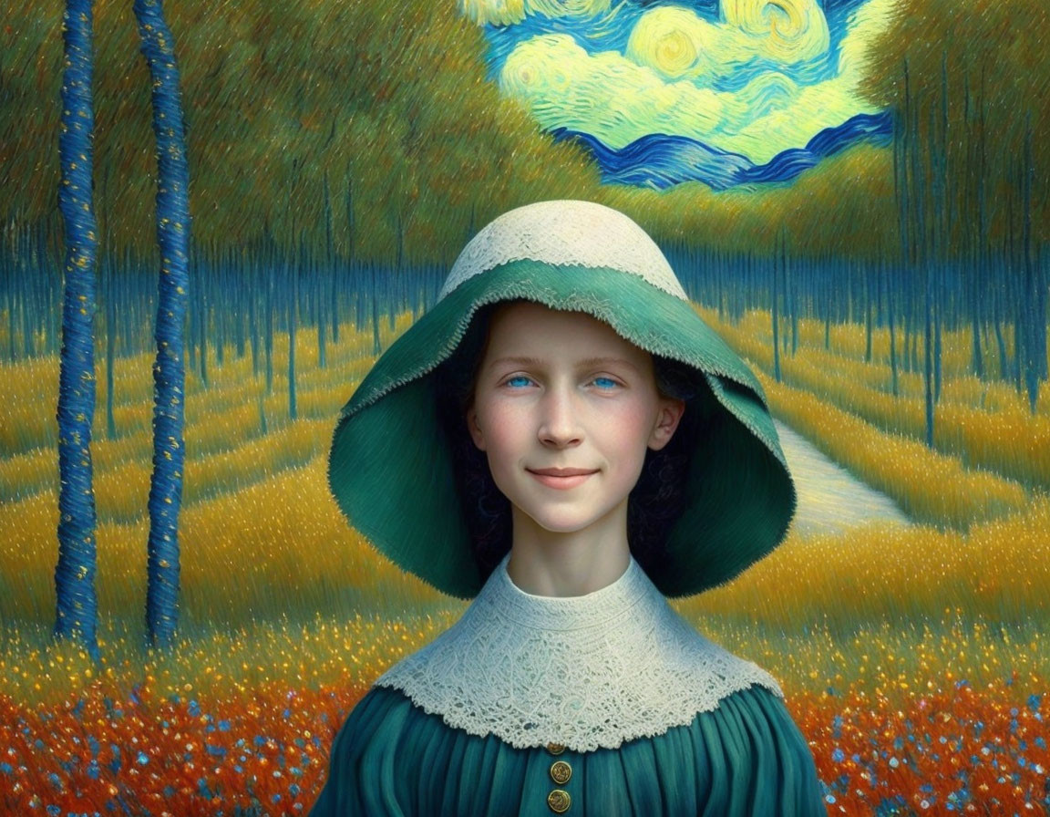 Smiling girl in green bonnet and dress in Van Gogh-inspired woodland