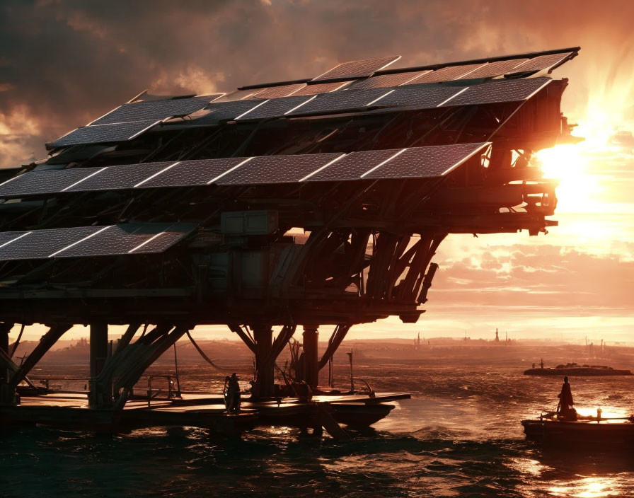 Solar panels on water structure at sunset with boat