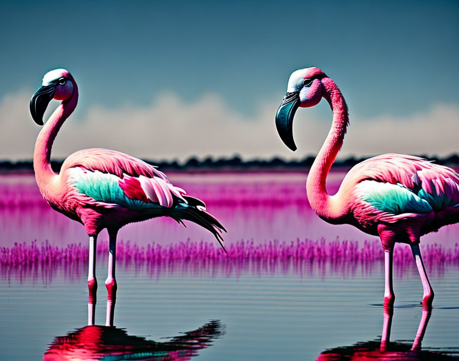 Vibrant pink flamingos in shallow water with reflection, against purplish landscape and blue sky