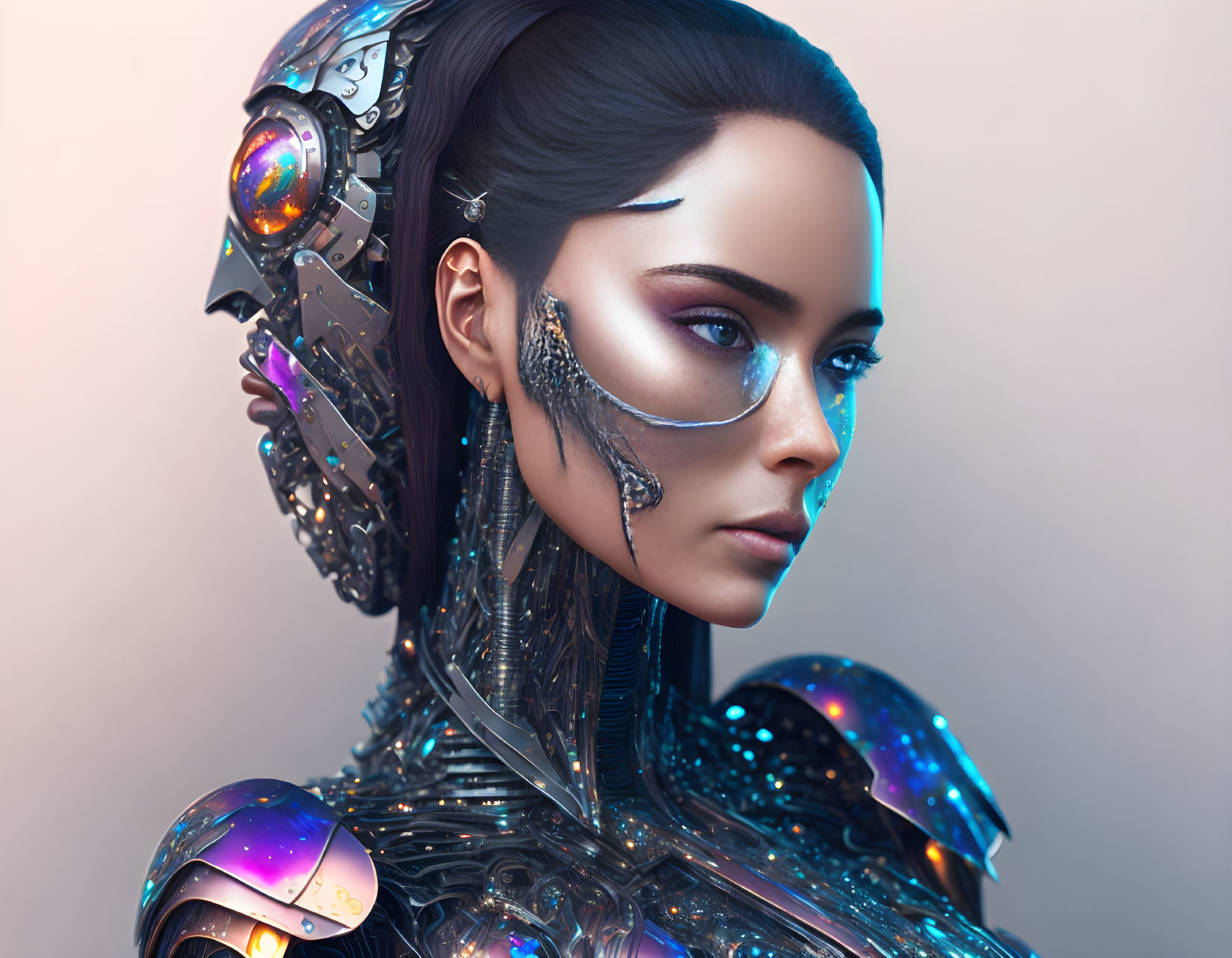 Female cyborg with intricate mechanical details and iridescent armor.