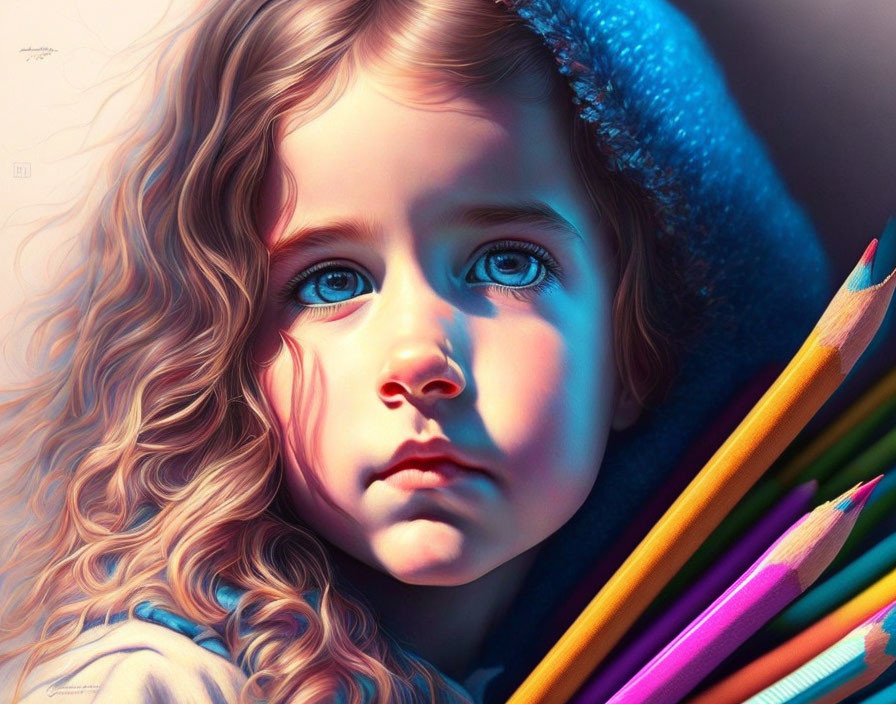 Young girl with curly hair and blue eyes holding colorful pencils in a digital portrait.