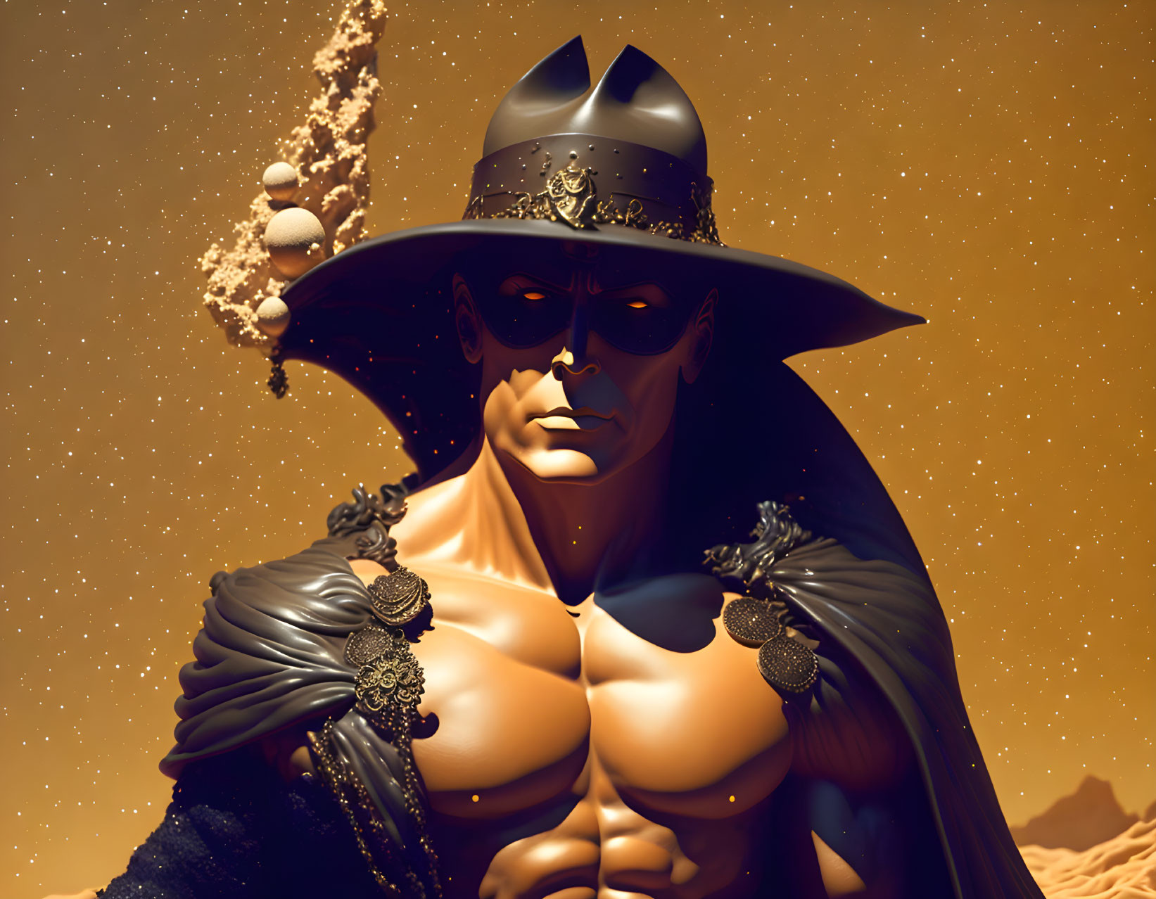 Muscular fantasy character in wide-brimmed hat and ornate armor against starry backdrop.