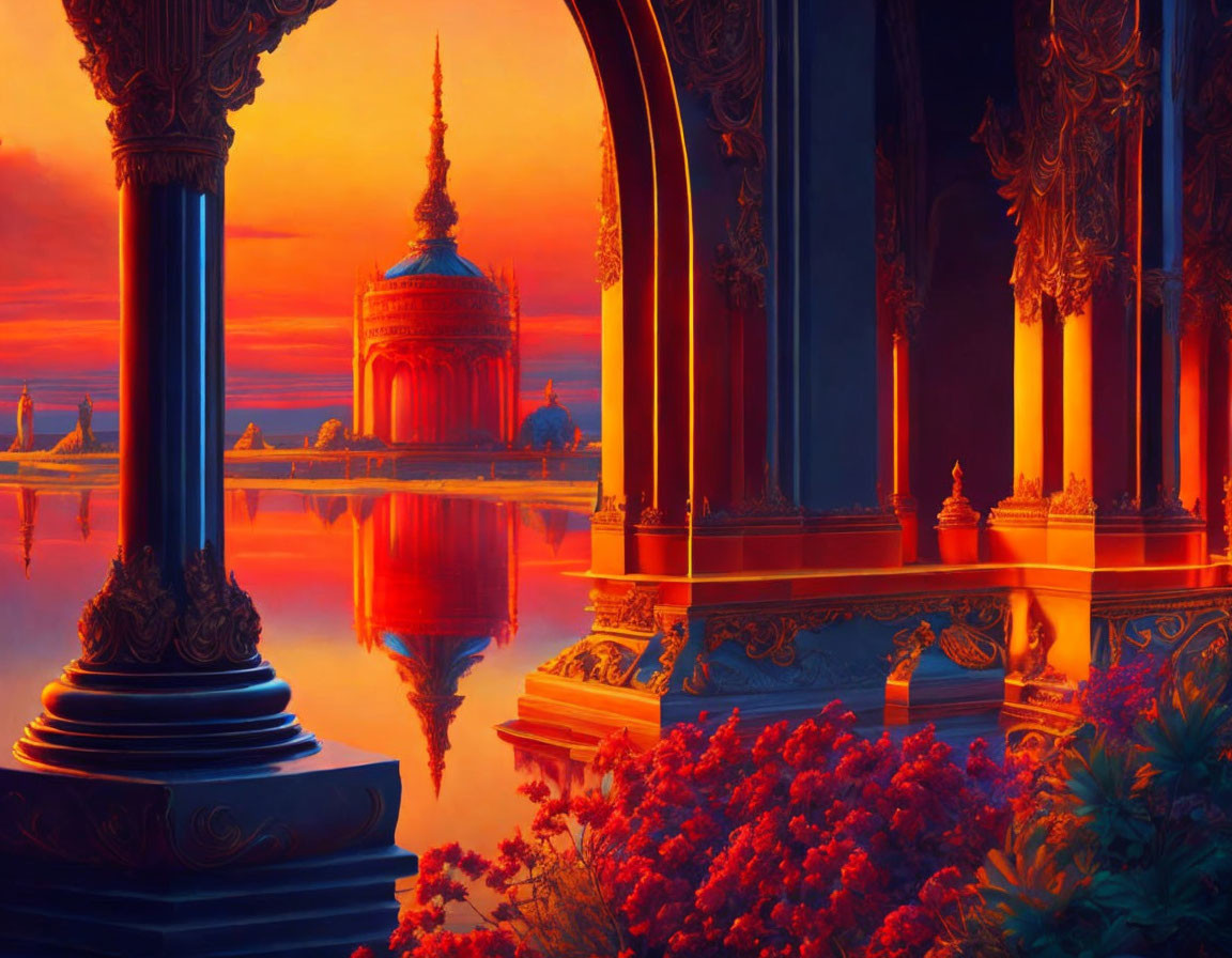 Colorful sunset landscape with reflective waters, red and purple flora, and ornate architecture.