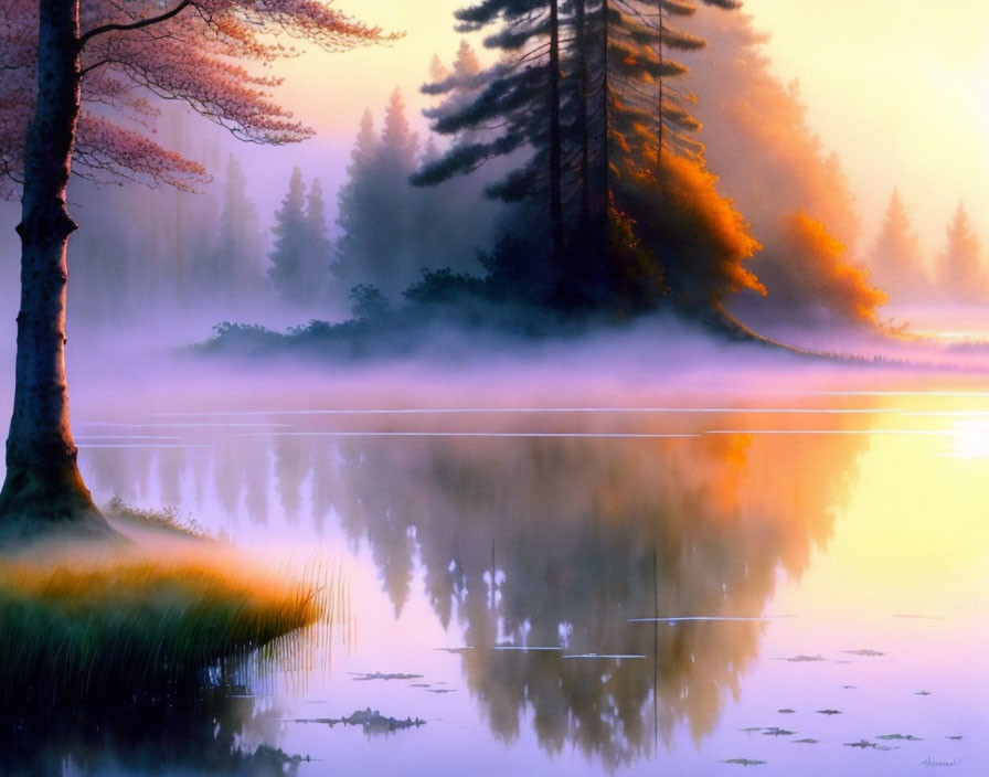 Tranquil sunrise scene by a misty lakeside