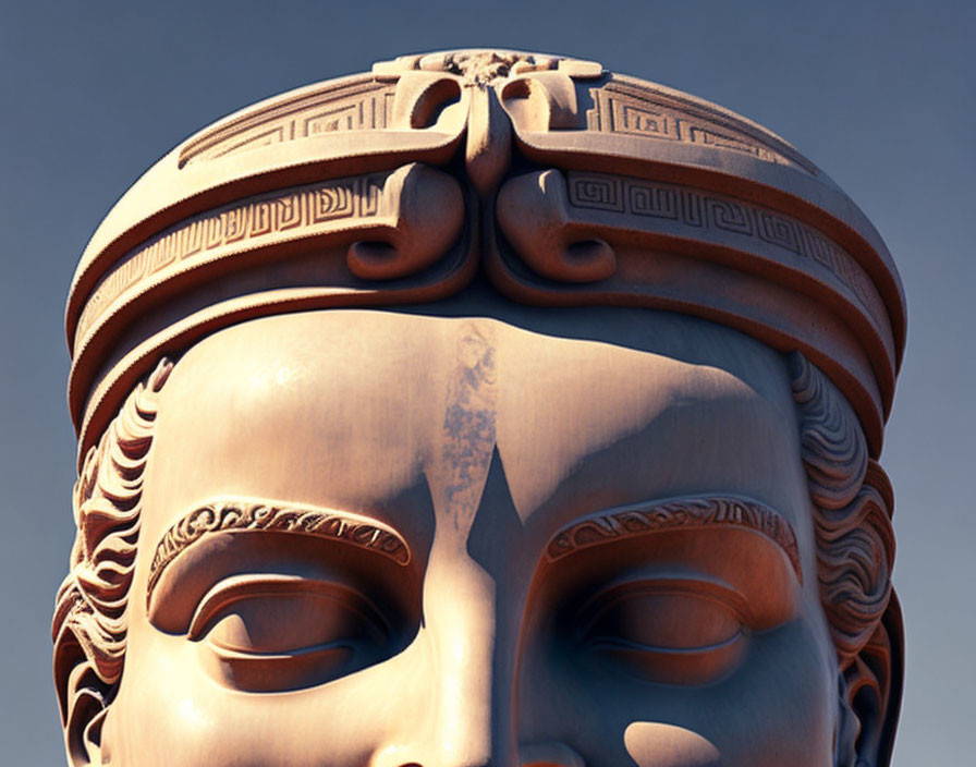 Detailed classical sculpture head with intricate hair curls and ornate headpiece.