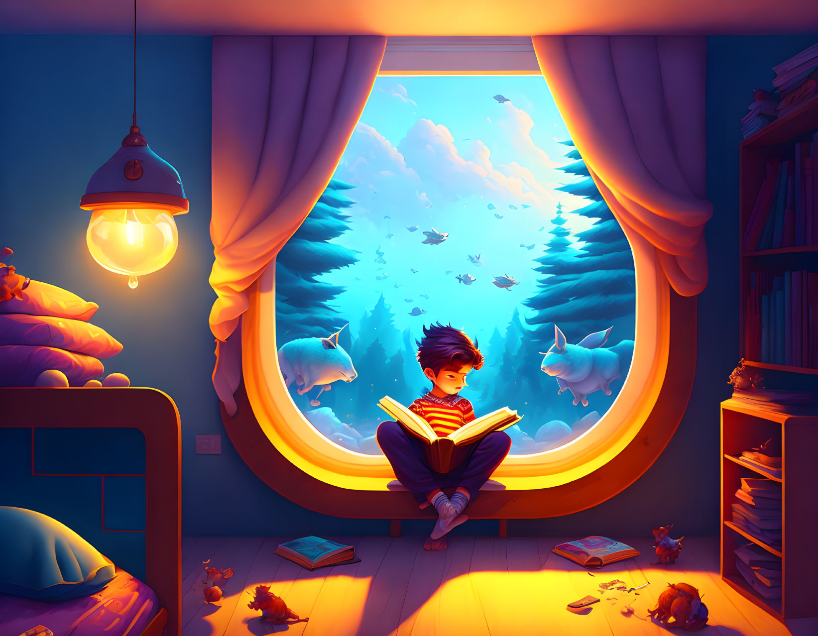 Boy reading book in cozy room with sea creatures outside at dusk