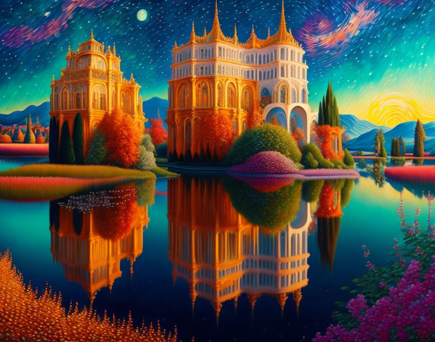 Fantasy landscape with golden castles, colorful trees, and twilight sky