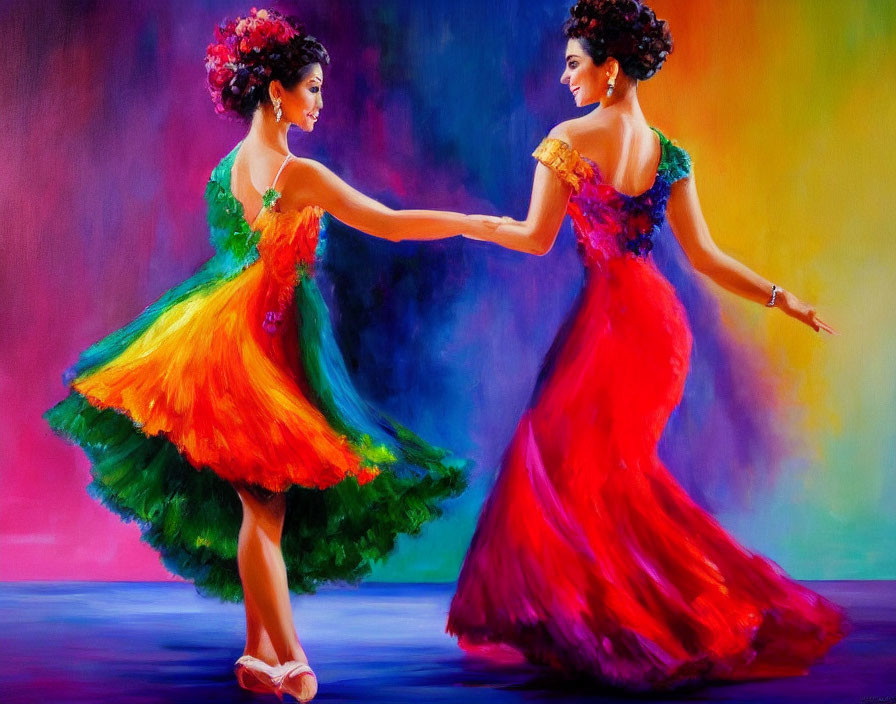 Vibrant women in colorful dresses dancing against abstract backdrop