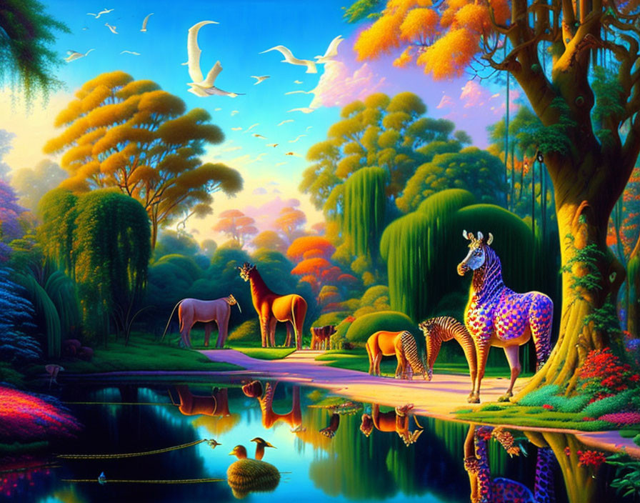 Colorful fantasy forest illustration with unique horses near serene pond.