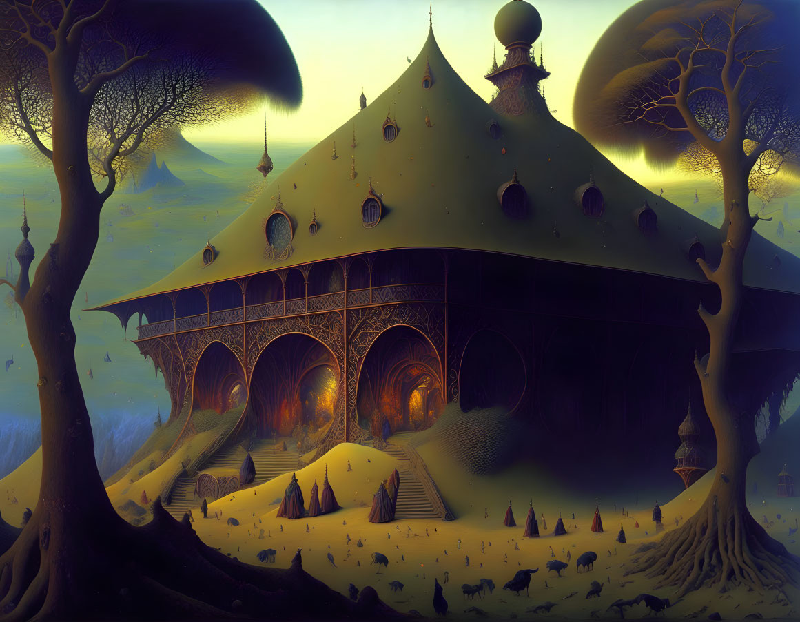 Fantastical oversized building with ornate patterns in surreal twilight landscape