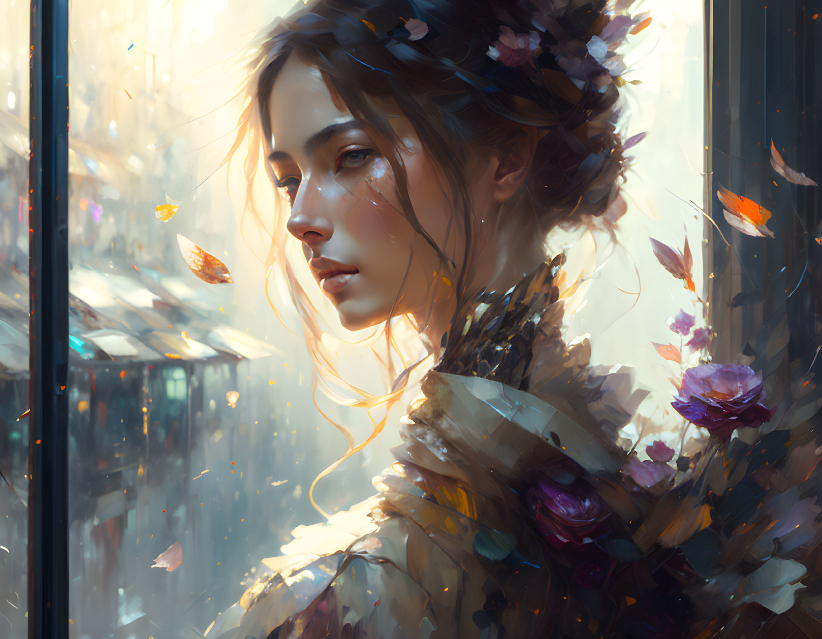 Woman with flowers in serene, dreamlike setting