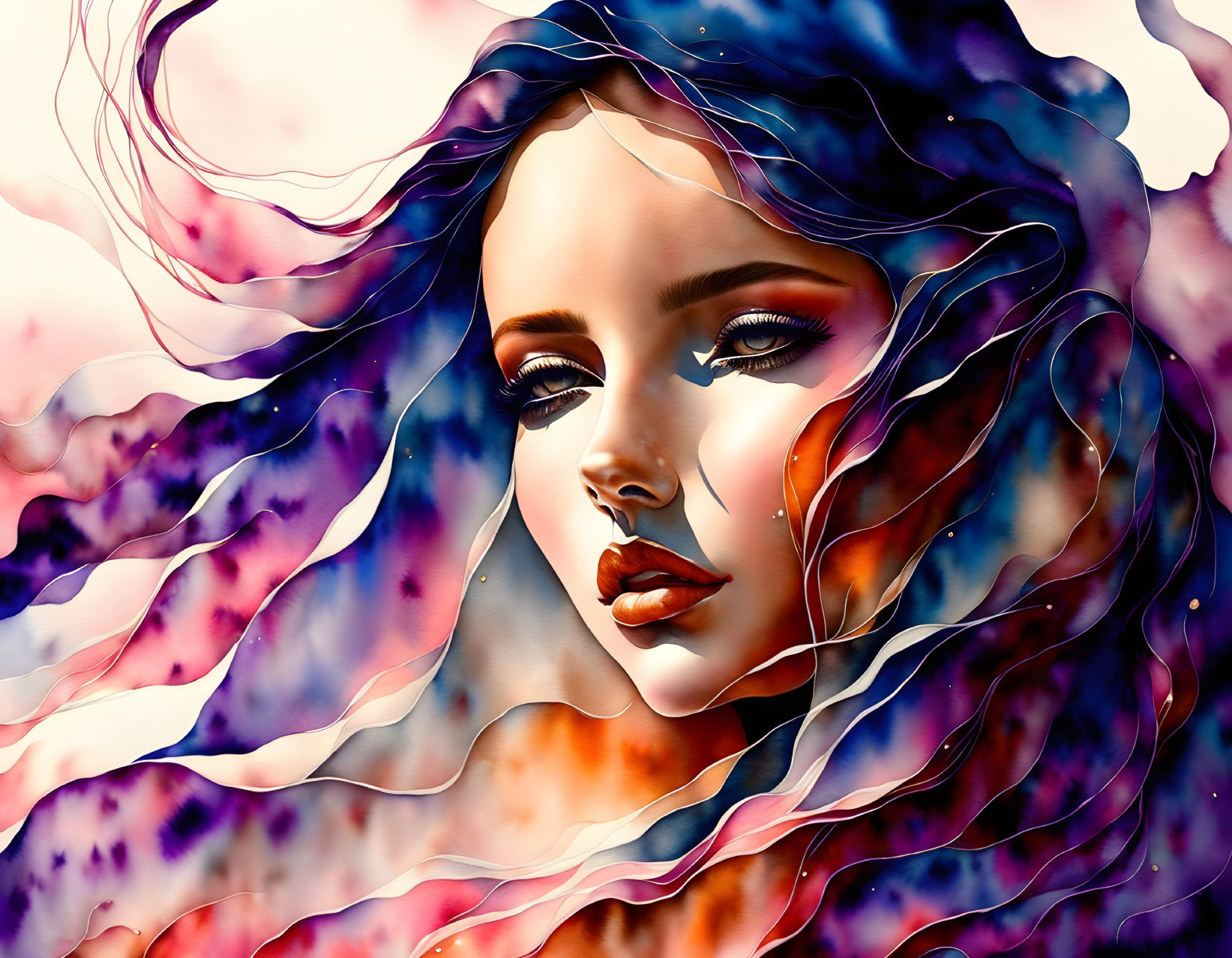 Colorful digital artwork: Woman with flowing hair in vibrant ink-like explosion